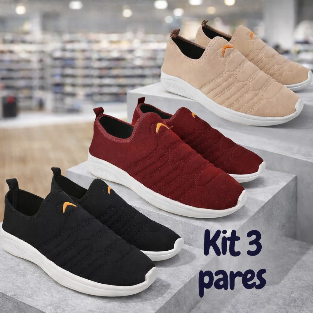 Kit 3 Pares Tênis Calce Fácil Adulto Feminino Unissex Promoção Envio Imediato